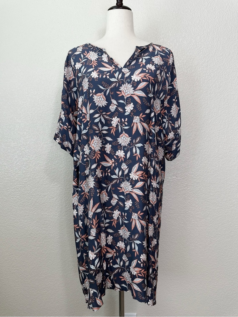 J. Jill Purejill Blue Gray Artisan Floral Oversized Shift Dress, Size L Petite